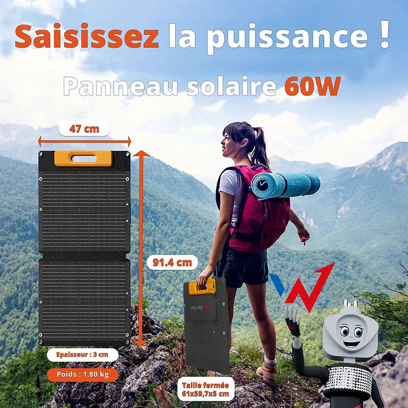 "Wonder Ws60" - 60 W saulės baterija su USB-C PD 30 W ir USB-A QC 18 W išvestimi (juoda)