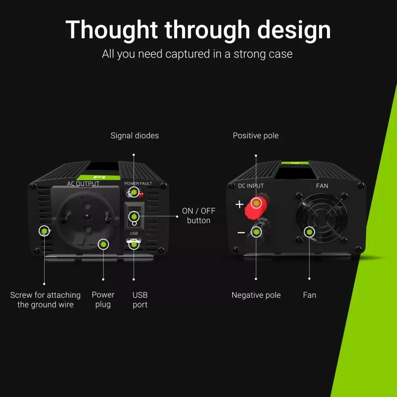 "Green Cell" - Įtampos keitiklis inverteris iš 12V į 230V 500W / 1000W Modifikuota sinusinė banga