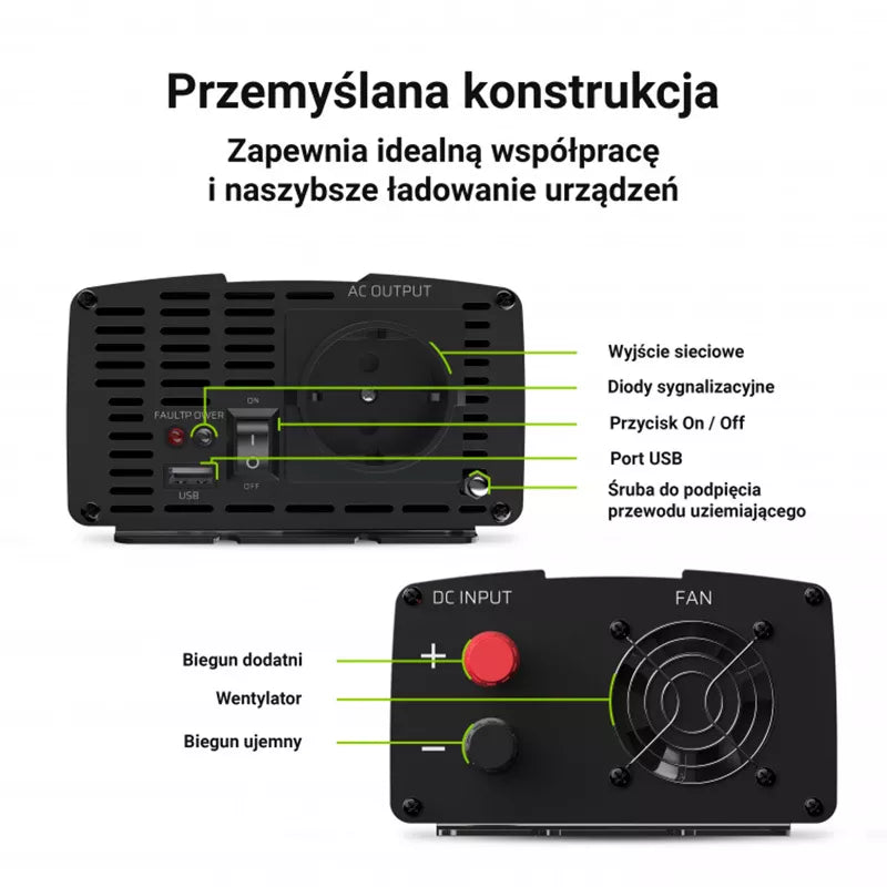 "Green Cell" - Įtampos keitiklis inverteris iš 24V į 230V 1000W/2000W grynos sinusoidės bangos