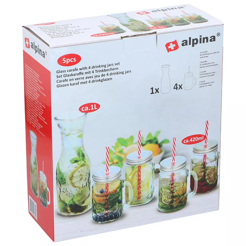 Alpina - Stiklinių gėrimų indelių su šiaudeliais rinkinys 4 vnt. su 1 l talpos kavinuku