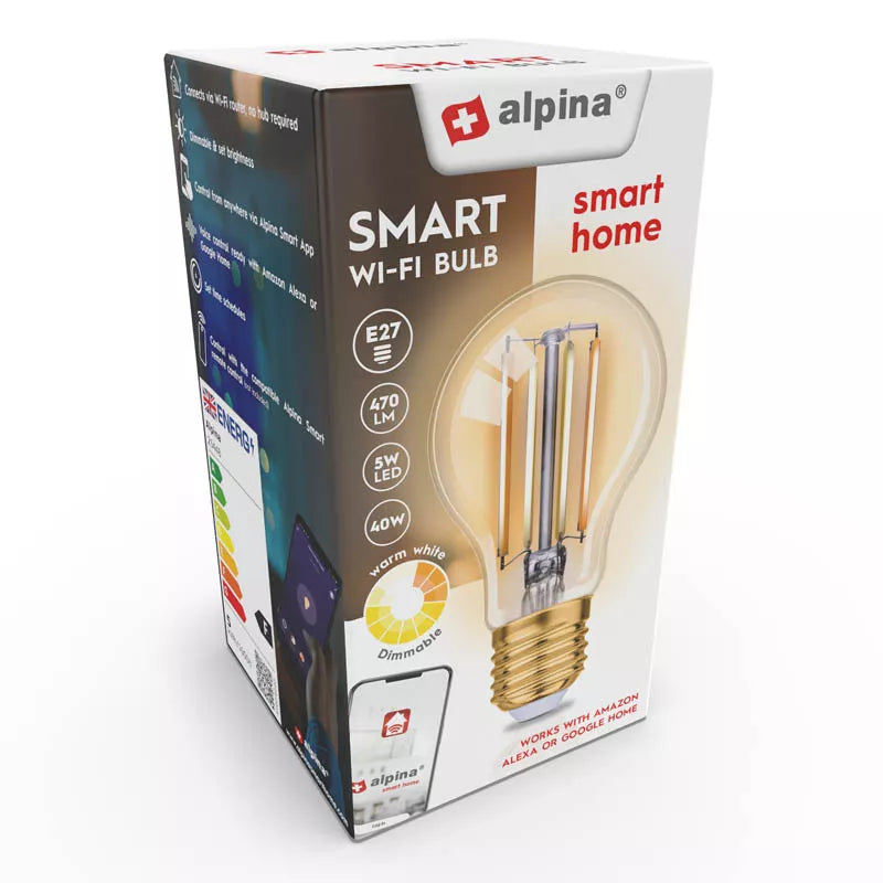 "Alpina" - Išmanioji "Wi-Fi" lemputė, E27 lizdas, galia 4,9 W, šiltai balta