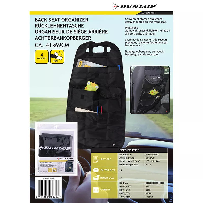 "Dunlop" - Automobilinis organizatorius / pirštinių dėžutė / sėdynių apsauga (juoda)