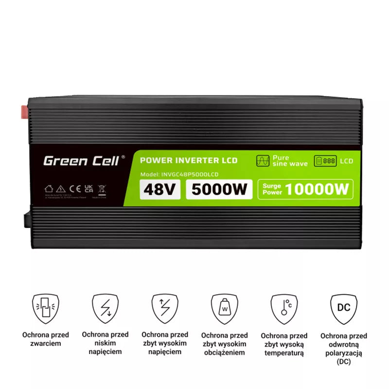 "Green Cell" - "PowerInverter" įtampos keitiklis su LCD ekranu nuo 48V iki 230V 5000W/10000W grynos sinusoidės bangos