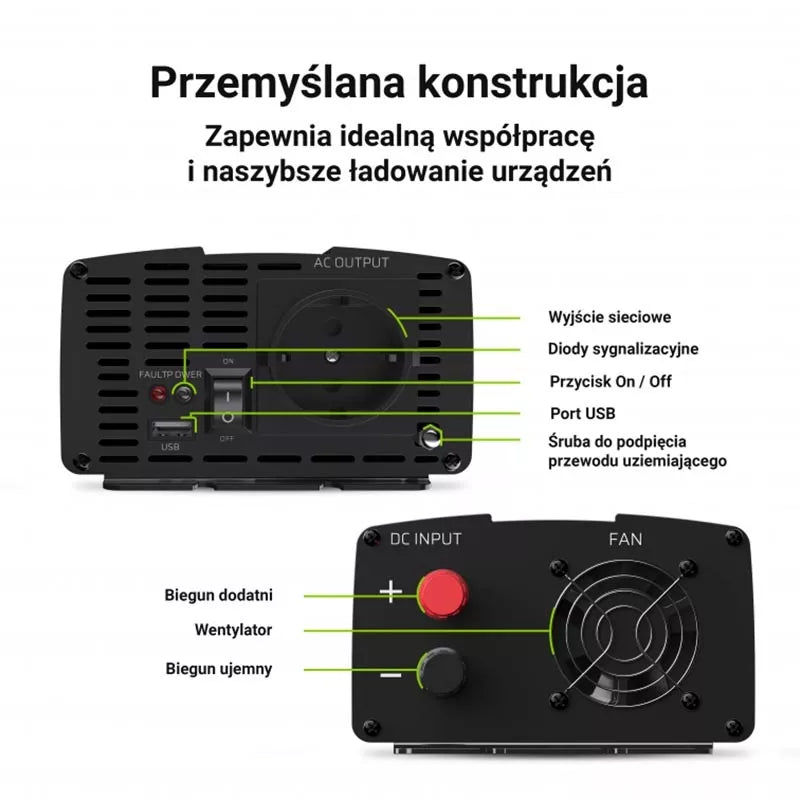 "Green Cell" - Įtampos keitiklis inverteris iš 24V į 230V 1000W / 2000W Modifikuota sinusinė banga