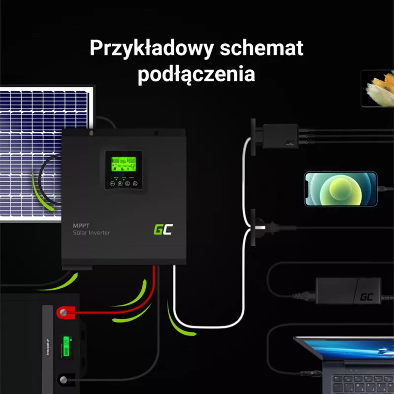 "Green Cell" - Saulės inverteris Inverteris Off Grid su saulės įkrovikliu MPPT 24VDC 230VAC 3000VA/3000W Gryna sinusoidė